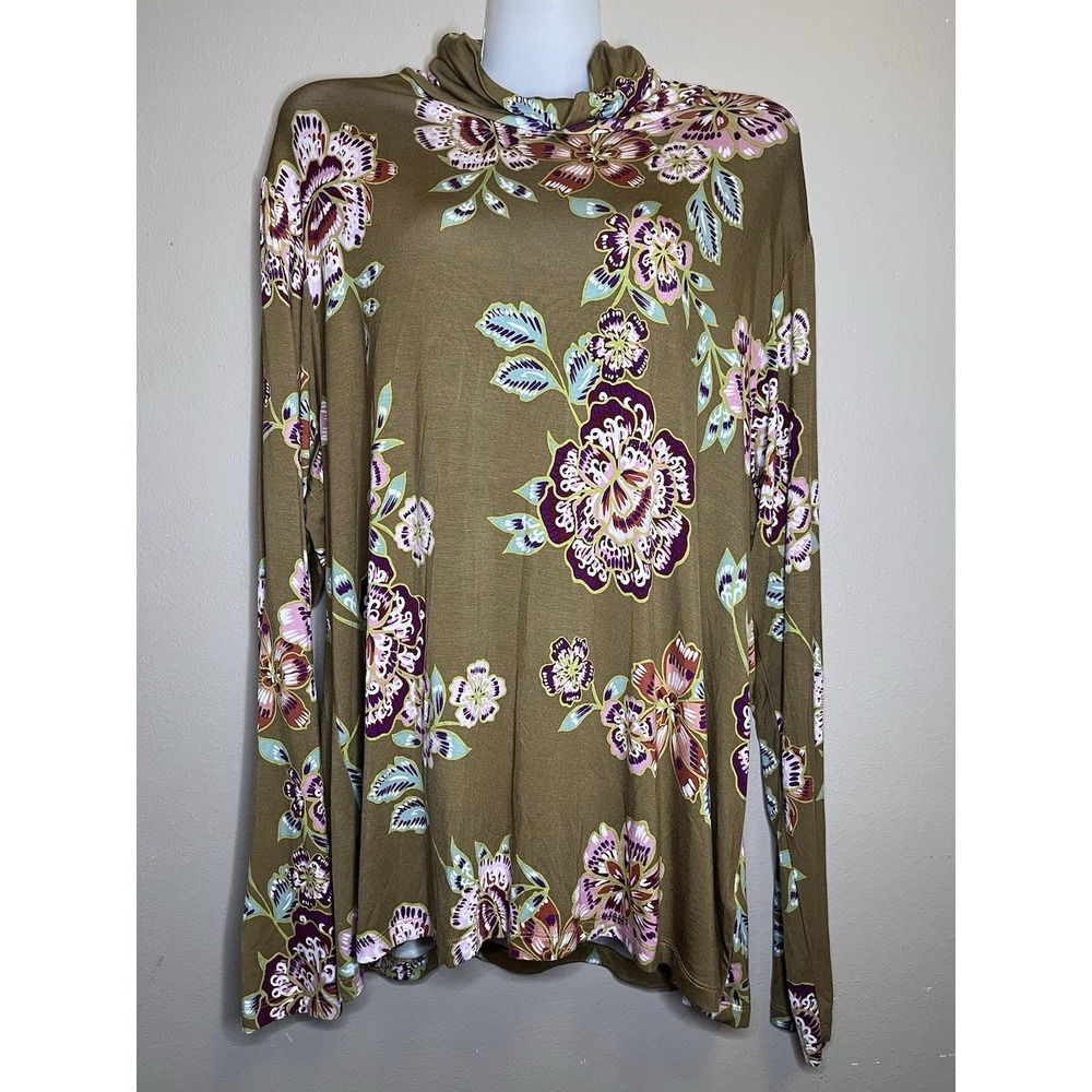 DG2 Diane Gilman Turtleneck Green Soft Fabric Colorful Paisley Pattern Size XL